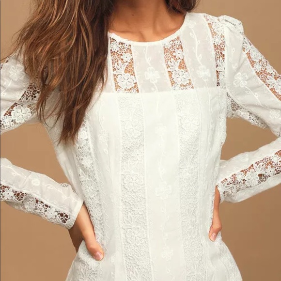 White Embroidered Lace Long Sleeve Mini Dress - Picture 2 of 4